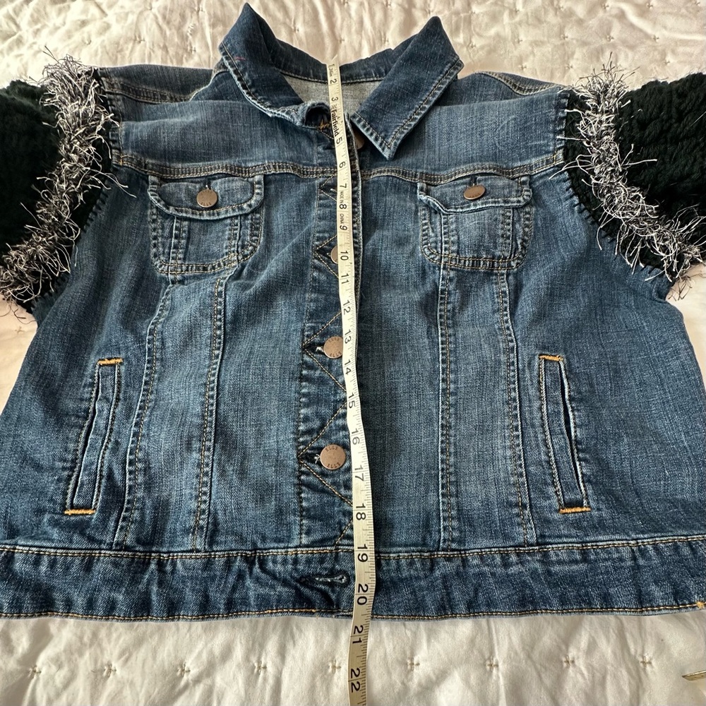 Upcycled Women's Denim Jacket with  Crocheted Textured Sleeves - m/l - Picture 8 of 9